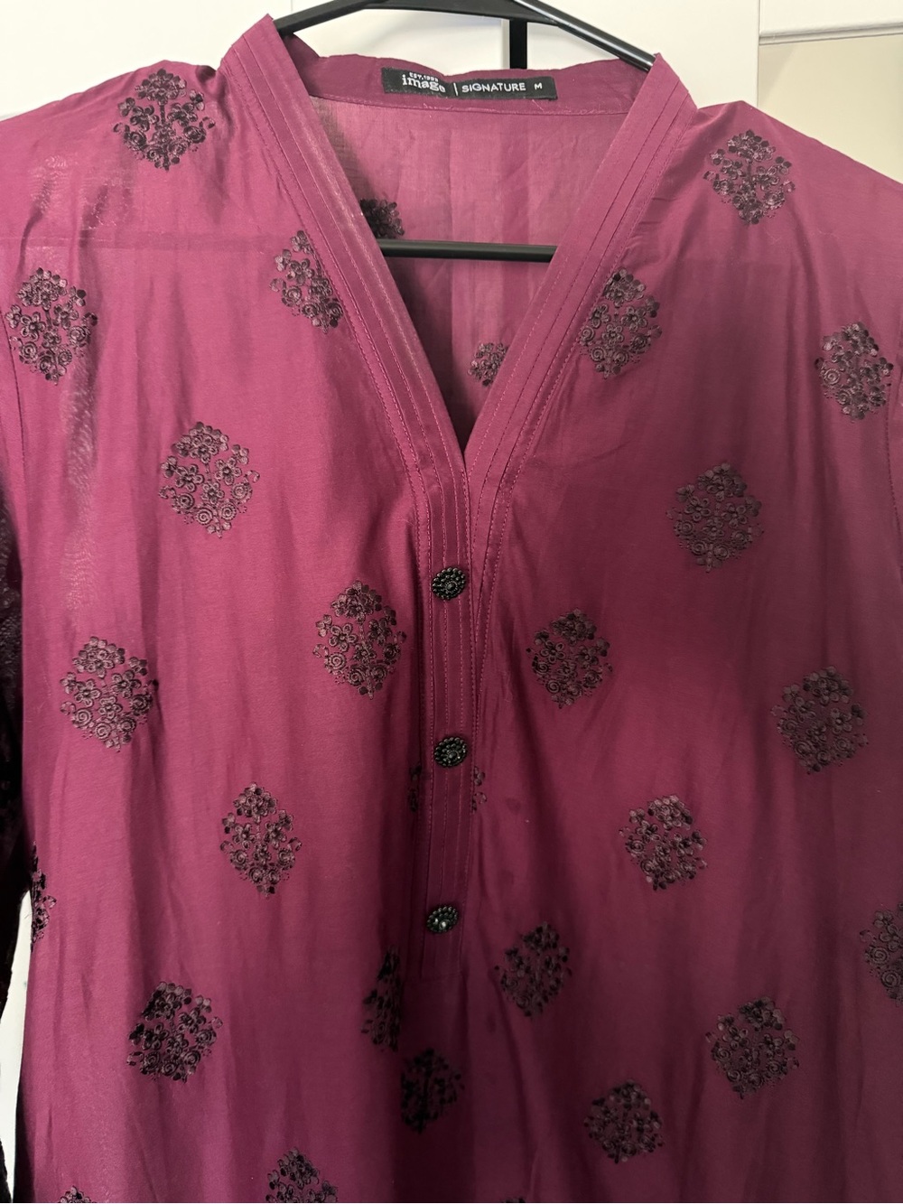 Signature Men's Magenta Button-Front Kurta Shirt with Black Embroidery